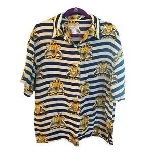 Lavon - Button-Up Short Sleeve Shirt 100% Silk - Striped Crest Print Size Medium